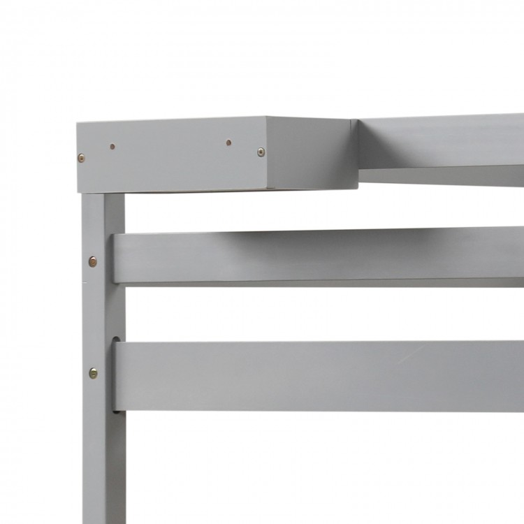 Close-up of the gray twin over twin bunk bed frame showcasing sturdy wooden slats and integrated ladder for safety.