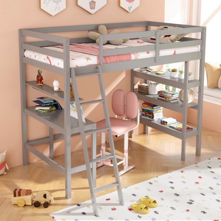 Gray twin size loft bed with a sturdy ladder and integrated desk, showcasing ample bookcase storage for kids' rooms.
