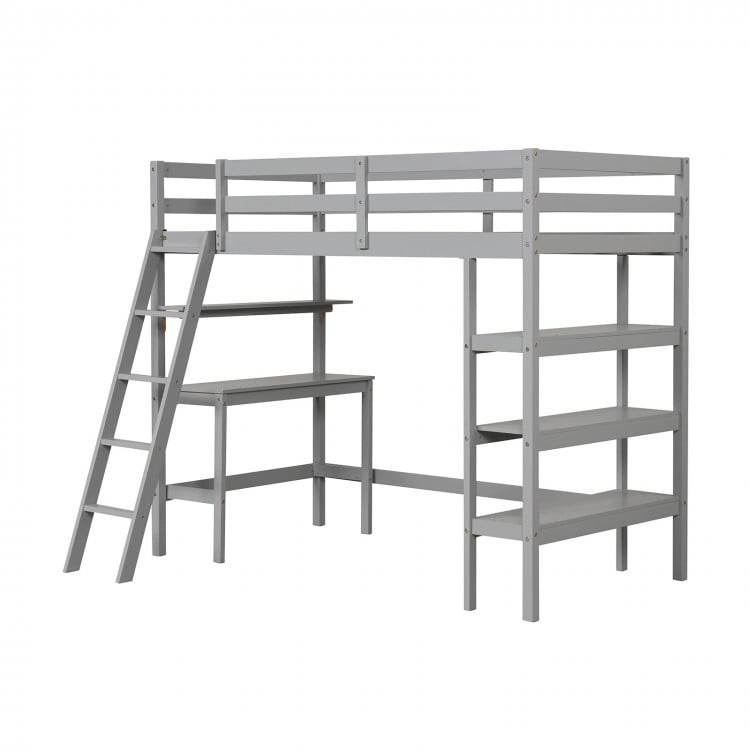 Gray twin size loft bed featuring a sturdy ladder and integrated shelves, providing a safe sleeping and study space for.