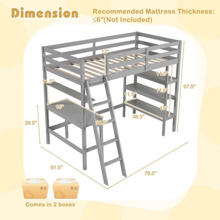 Twin size loft bed in gray with desk and bookshelves, featuring sturdy wood construction and full-length guardrails.