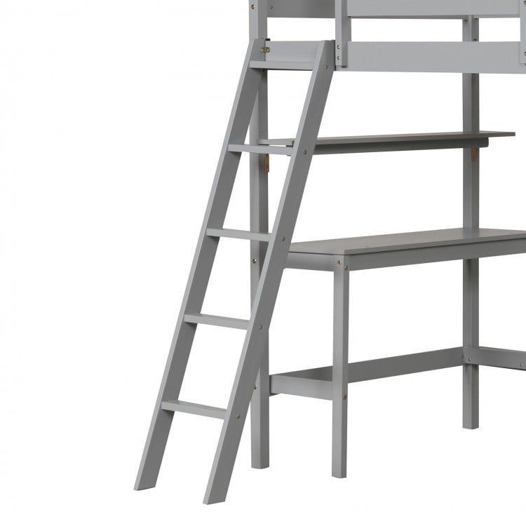 Twin size gray loft bed with integrated desk and bookshelves, featuring a sturdy ladder and full-length guardrails for.