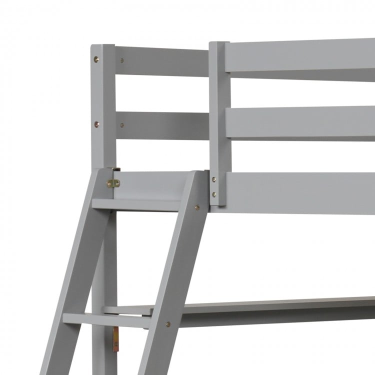 Gray twin size loft bed with integrated desk and bookshelves, featuring sturdy wooden slats and full-length guardrails.