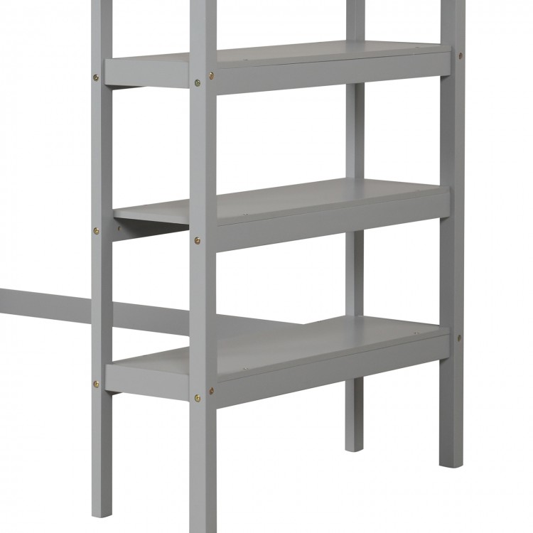 Gray wooden loft bed with integrated desk and bookshelves, featuring sturdy slats and full-length guardrails for safety.