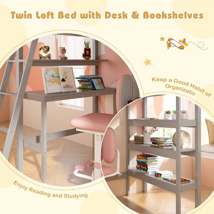 Twin size gray loft bed with integrated desk and bookshelves, perfect for kids' study and organization.