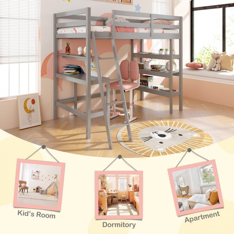 Twin size gray loft bed with desk and bookshelves, designed for kids and teens, maximizing floor space in modern rooms.