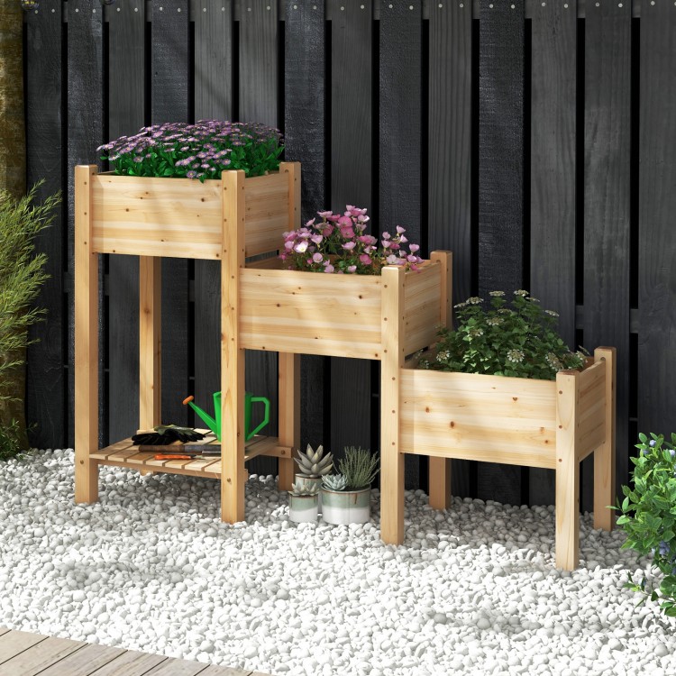 3-tier wooden raised garden bed in natural fir with open storage shelf, perfect for growing diverse plants outdoors.