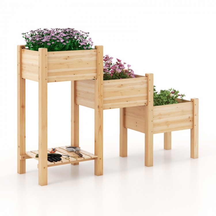 3-tier wooden raised garden bed in natural fir with open storage shelf, ideal for growing flowers and vegetables.