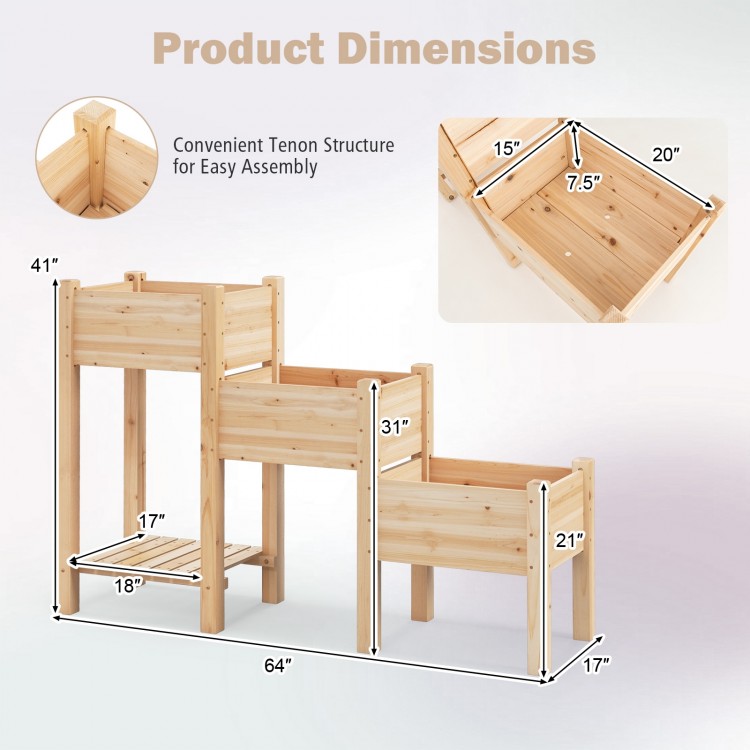 3-tier wooden raised garden bed with open storage shelf, made of natural fir wood, ideal for growing diverse plants.