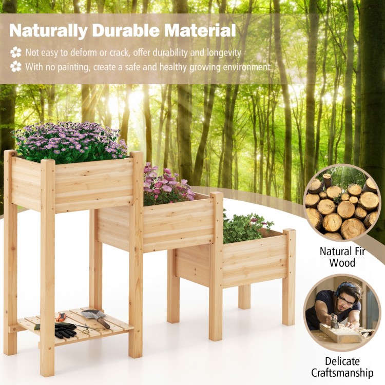 3-tier wooden raised garden bed made of natural fir wood with open storage shelf for easy access to gardening tools.