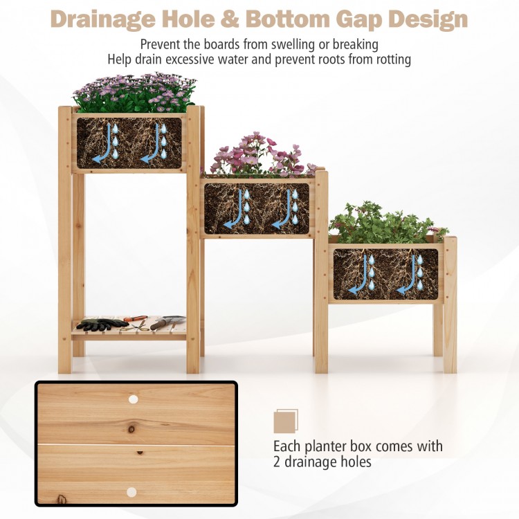 3-tier wooden raised garden bed made of natural fir wood with drainage holes, ideal for growing diverse plants.