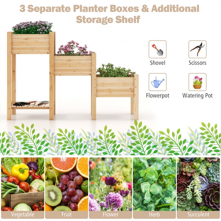 3-tier wooden raised garden bed with open storage shelf, made of natural fir wood, perfect for growing flowers and.