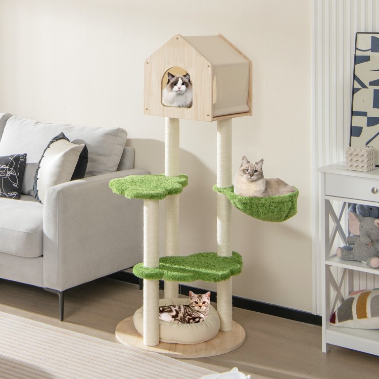 Cat climbing stand with sisal scratching posts, soft bed, and green platforms for indoor kittens, perfect for play and.