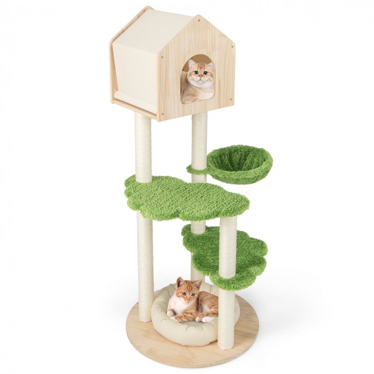 Cat climbing stand with sisal scratching posts, soft bed, and green platforms, perfect for indoor kittens.