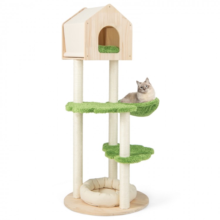 Cat climbing stand with soft green platforms, sisal scratching posts, and cozy hideaway for indoor kittens.