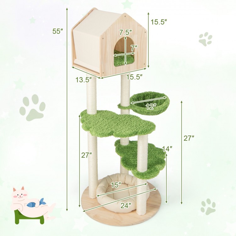 55-inch tall cat climbing stand with sisal scratching posts, soft bed, and green platforms for indoor kittens.