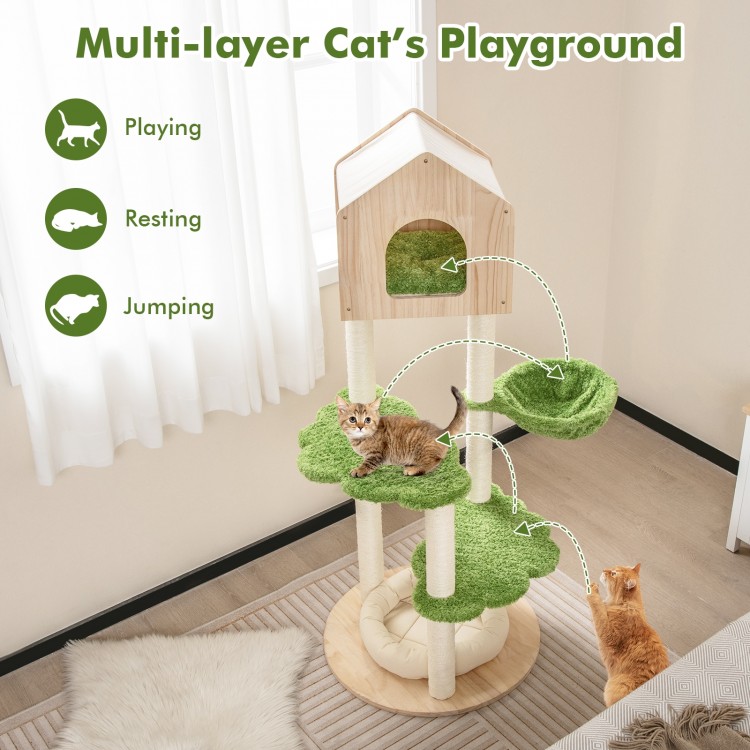 Multi-layer cat climbing stand with sisal scratching posts and soft bed, perfect for indoor kittens to play and relax.