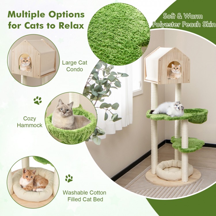 55-inch tall cat climbing stand with sisal scratching posts, soft cat bed, and green platforms for indoor kittens.