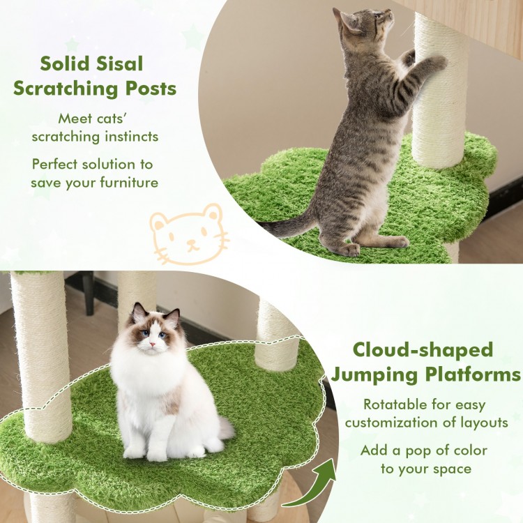 Solid sisal scratching posts and cloud-shaped platforms on a 55-inch tall cat climbing stand in green, perfect for.
