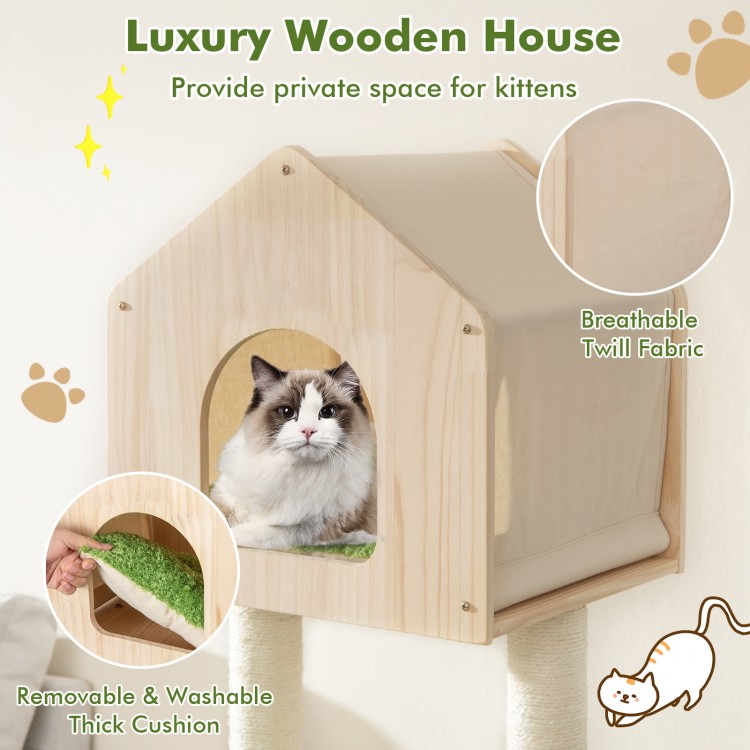 Luxury wooden cat house with breathable twill fabric, soft cushion, and cozy hideaway for indoor kittens.