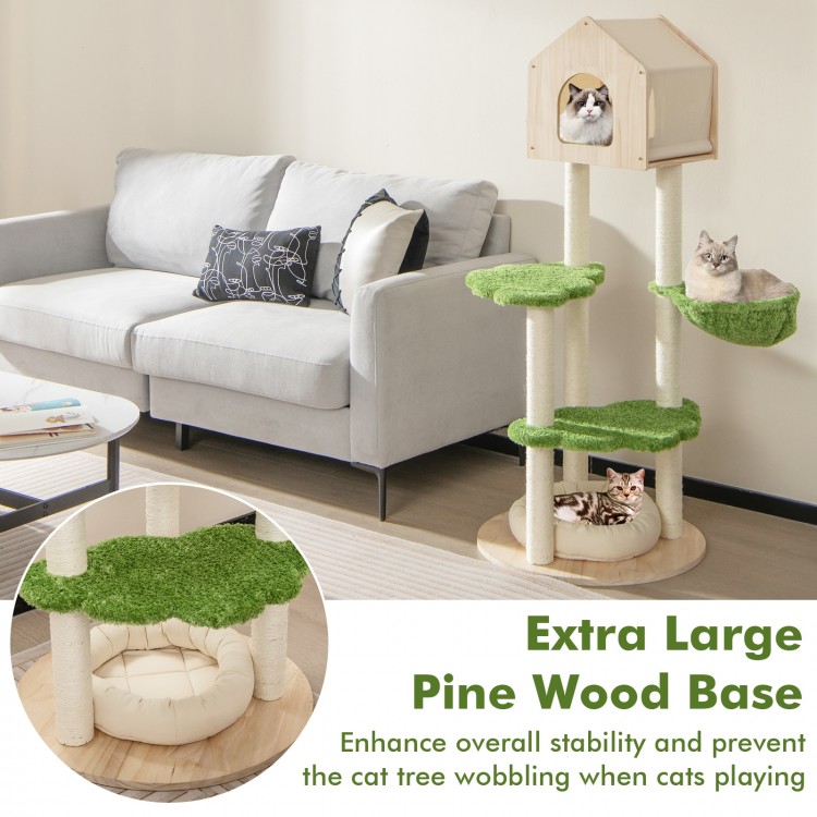 Extra large cat climbing stand with soft cat bed, sisal scratching posts, and pine wood base for indoor kittens.