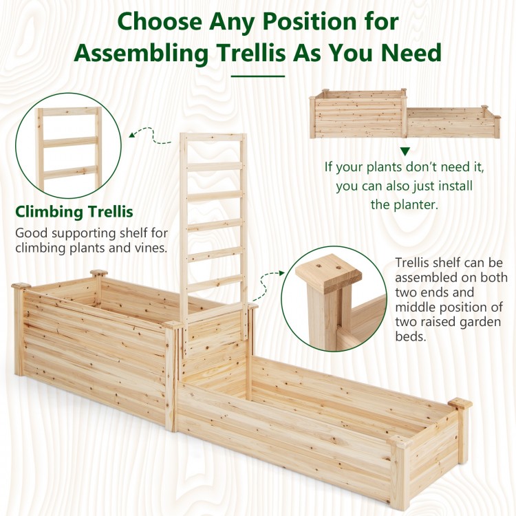Raised garden bed with detachable trellis made of durable fir wood, ideal for climbing plants and easy assembly.