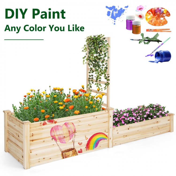 Raised garden bed with trellis in natural fir wood, featuring two planter boxes and customizable paint options for.
