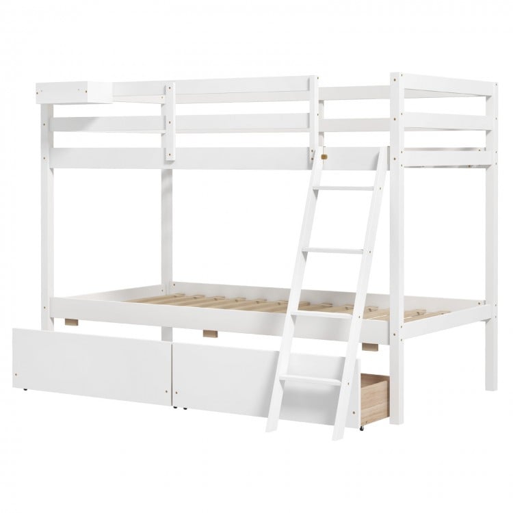 Twin over twin bunk bed in white wood with integrated ladder and two storage drawers for space-saving organization.
