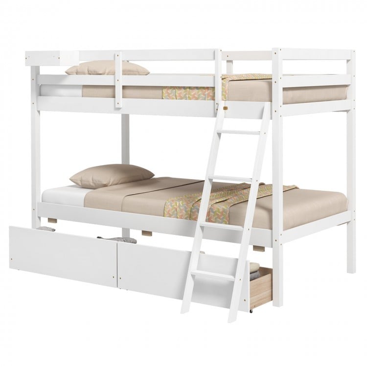 Twin over twin bunk bed in white with full-length guardrails and sturdy construction, perfect for safe sleep in kids'.