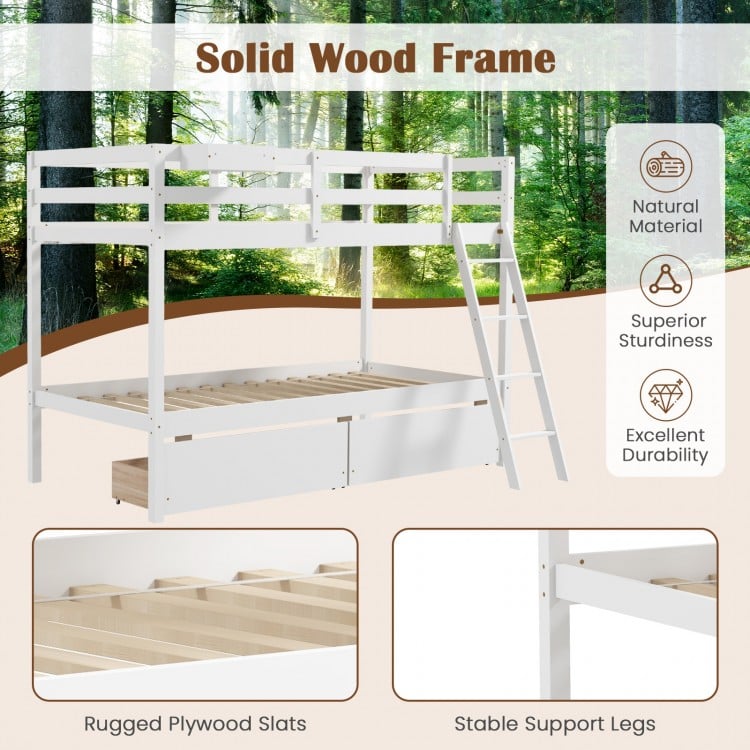 Twin over twin bunk bed frame in white with sturdy pine wood, featuring two storage drawers and integrated ladder.