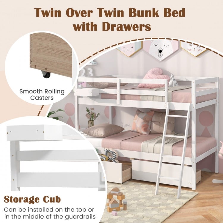 Twin over twin bunk bed in white with storage drawers, integrated ladder, and sturdy pine wood frame for kids' rooms.
