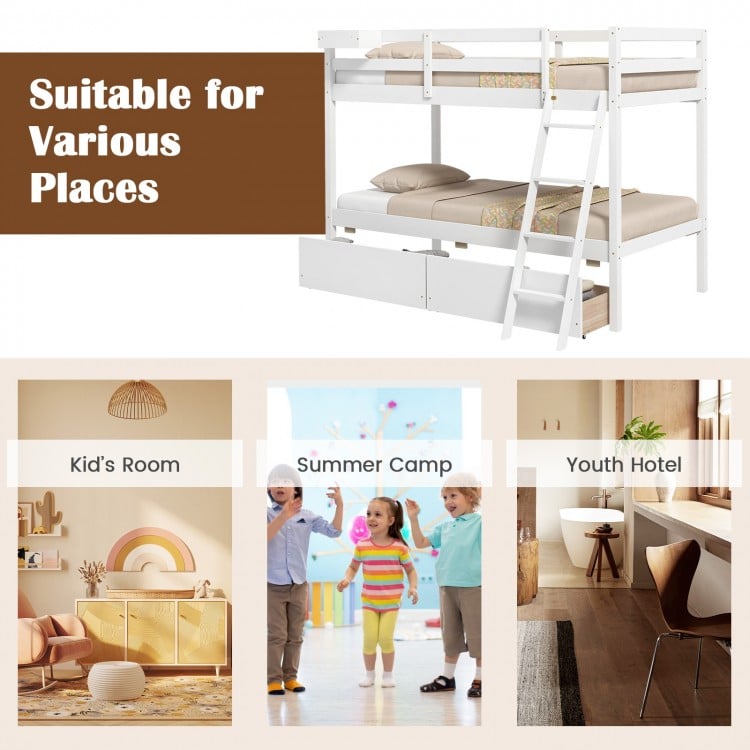 Twin over twin bunk bed in white wood with 2 storage drawers and integrated ladder, ideal for kids' rooms and dorms.