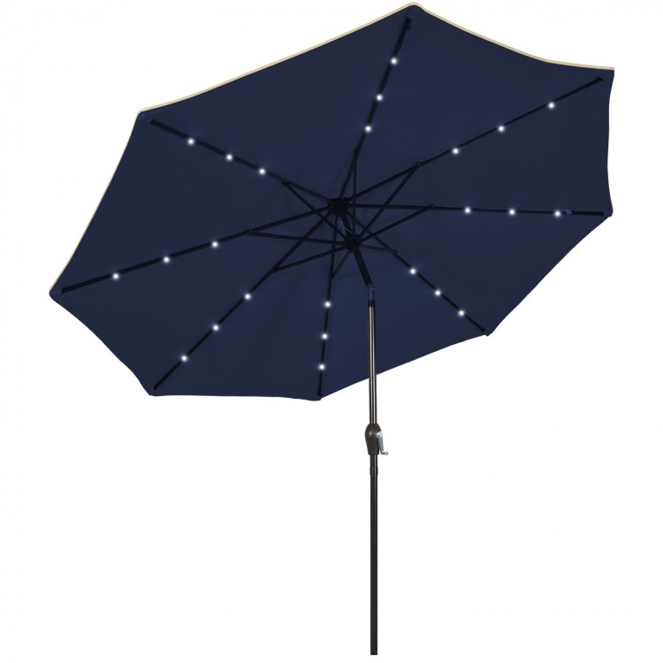 Dark blue 9-foot patio market umbrella with solar LED lights, crank lift, and push-button tilt for versatile shade.