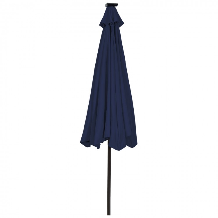 Dark blue 9-foot patio umbrella with solar LED lights, crank lift, and tilt adjustment for versatile outdoor shade.