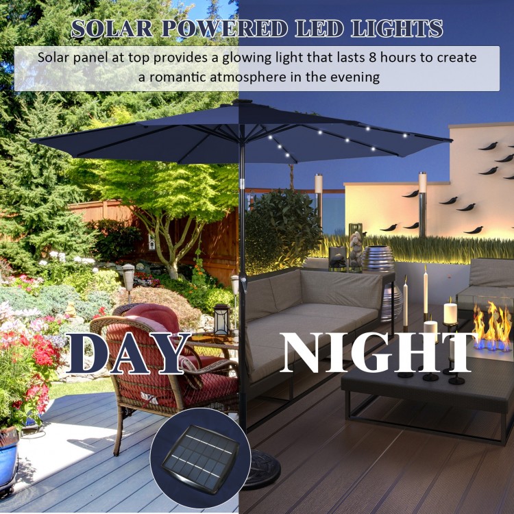 Dark blue 9-foot solar LED lighted patio umbrella with tilt adjustment, perfect for outdoor gatherings and shade.