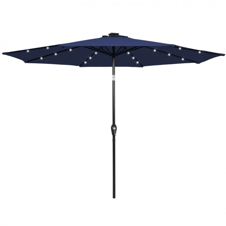 Dark blue 9-foot solar LED lighted patio umbrella with tilt adjustment and crank lift for outdoor shade and.