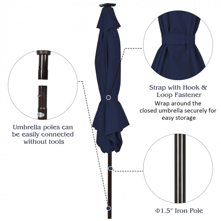 Dark blue 9-foot patio market umbrella with solar LED lights, crank lift, and hook & loop fastener for easy storage.