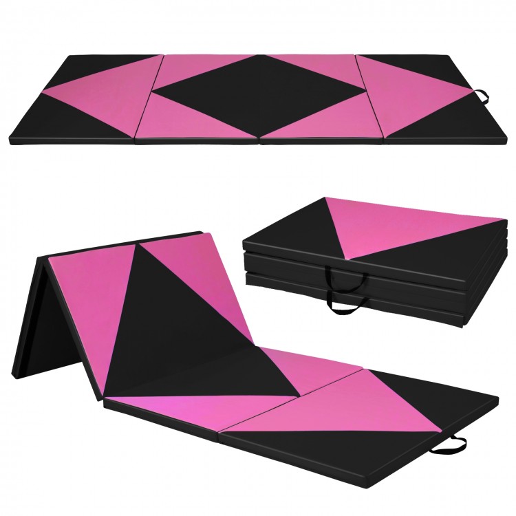 Four-panel black and pink folding exercise gym mat with handles, ideal for stretching and gymnastics.