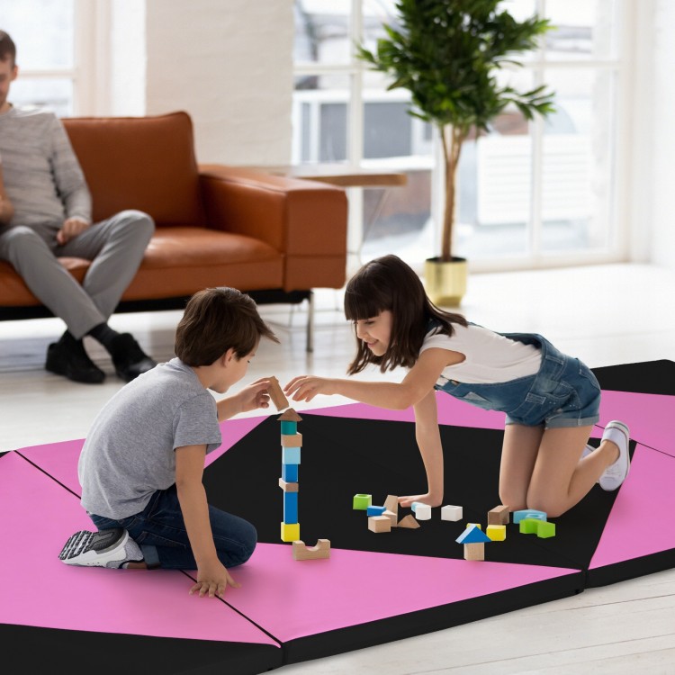 Children playing on a black and pink 4-panel PU leather folding exercise mat, ideal for gymnastics and stretching.