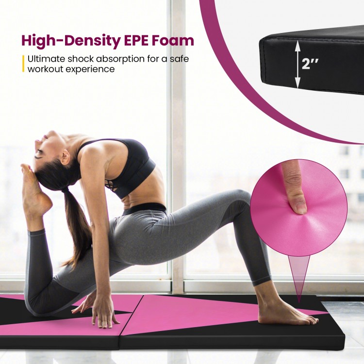 Folding exercise gym mat in black and pink, featuring high-density EPE foam for joint protection, ideal for workouts.