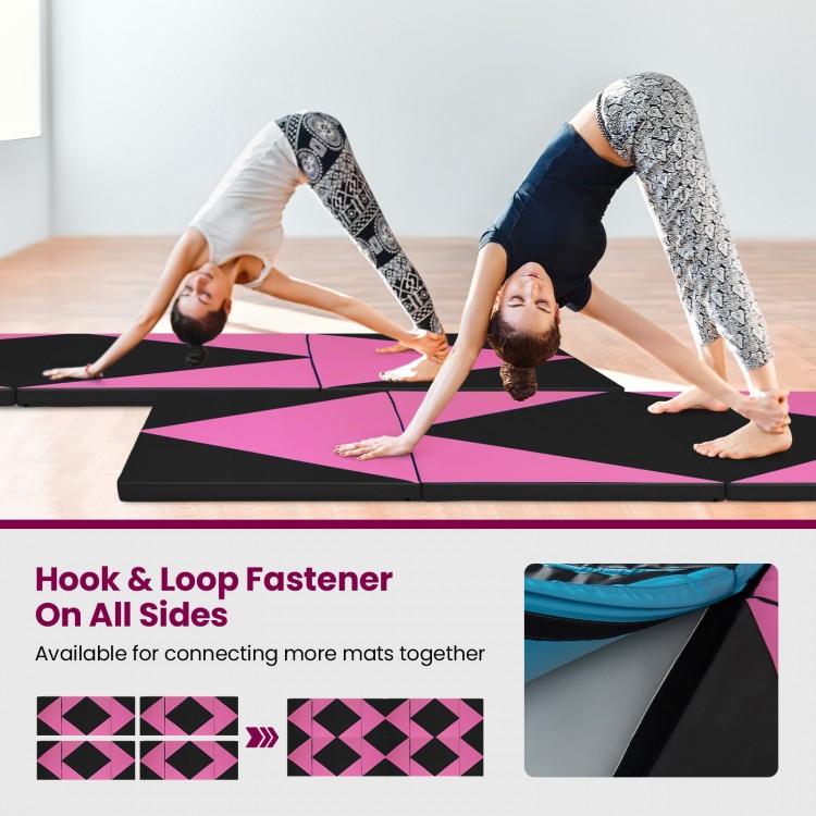 4-panel black and pink PU leather folding exercise gym mat with hook and loop fasteners, ideal for stretching and.