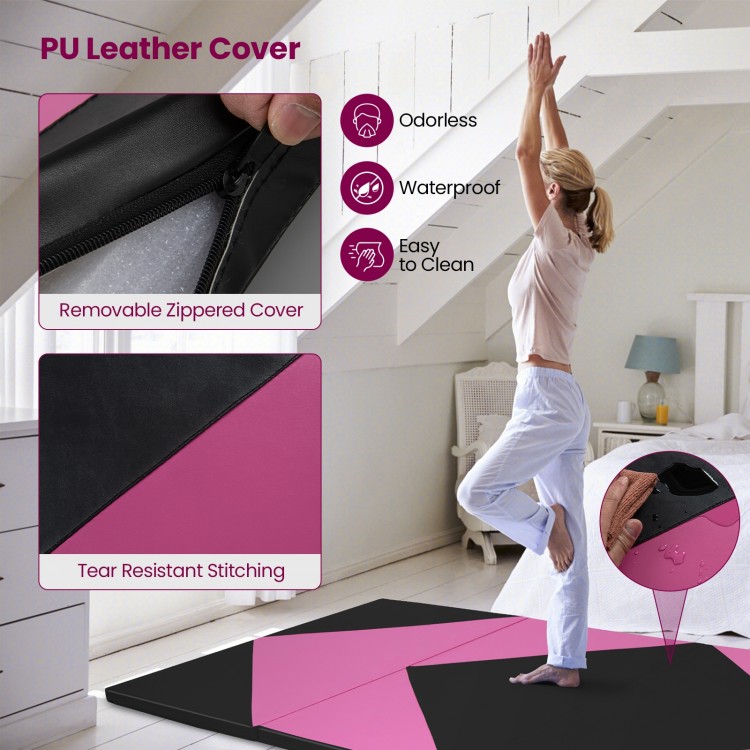 4-panel black and pink PU leather folding exercise gym mat with zippered cover, ideal for stretching and gymnastics.