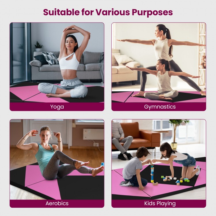 4-panel black and pink PU leather folding exercise gym mat, ideal for yoga, gymnastics, aerobics, and kids' play.