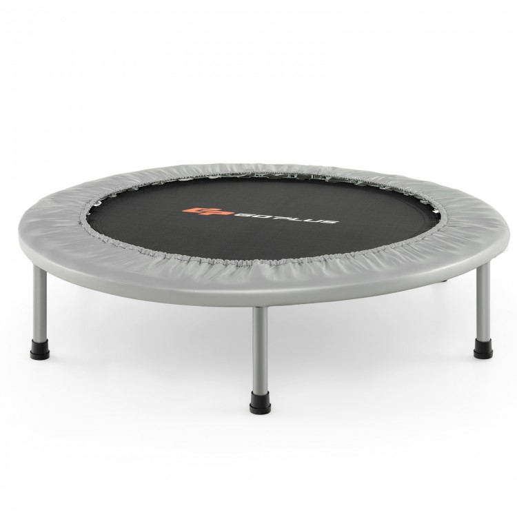 38-inch gray mini folding trampoline with sturdy steel frame and non-slip rubber legs for safe recreational fitness.