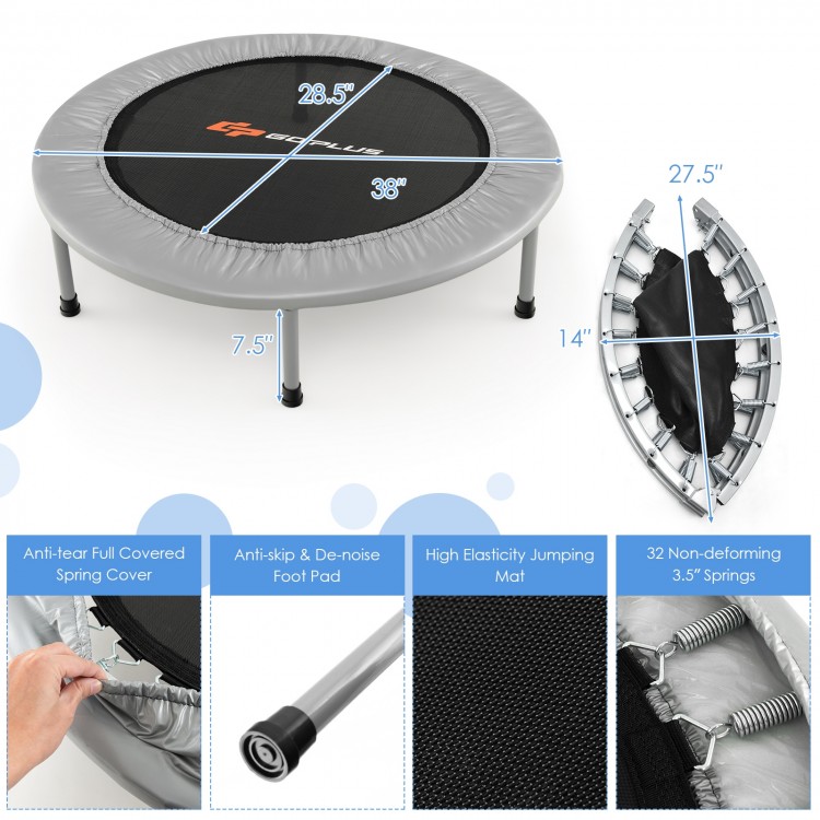 38-inch gray mini folding trampoline with sturdy steel frame, high resilience jumping mat, and protective spring cover.