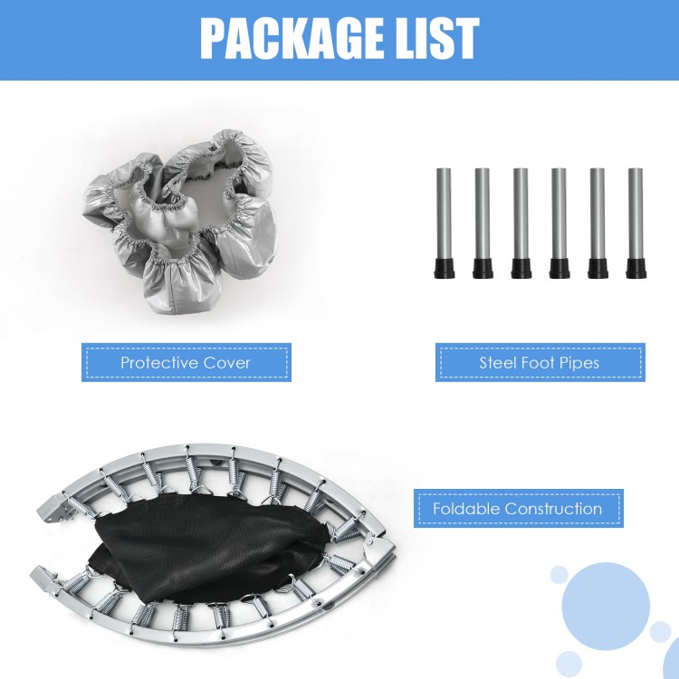 Protective cover, steel foot pipes, and foldable construction for the 38-inch mini folding trampoline, ideal for.