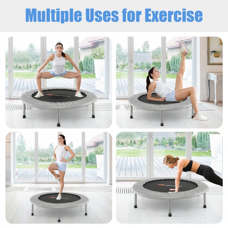 38-inch gray mini folding trampoline shown in multiple exercise positions, featuring a sturdy steel frame and non-slip.