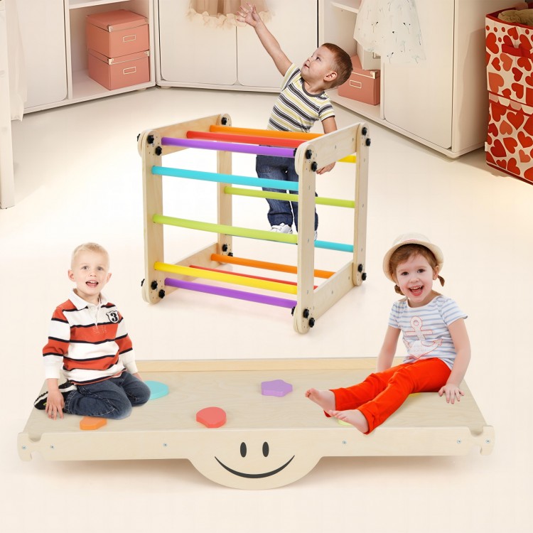 Climbing triangle ladder toy with colorful rock embellishments, featuring a reversible ramp for indoor play and muscle.