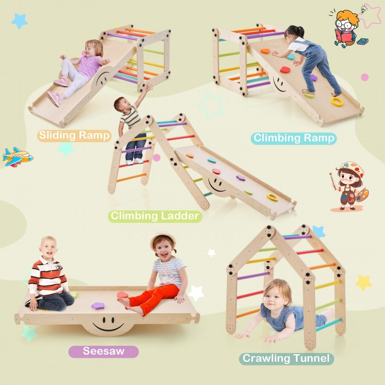 Climbing triangle ladder toy with reversible ramp, colorful rock embellishments, and versatile indoor play features.