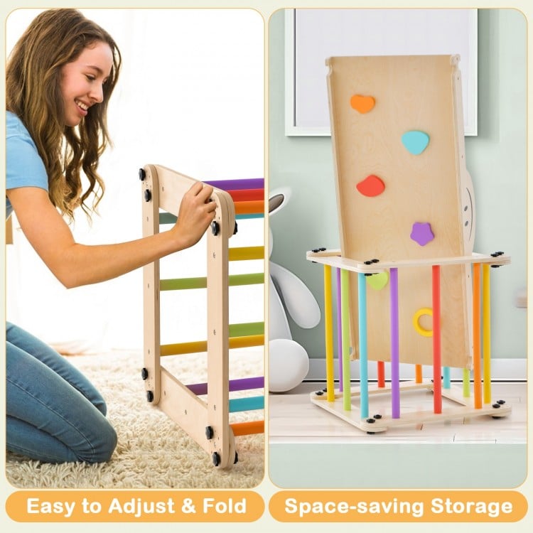 Climbing triangle ladder toy with multicolor design, adjustable height, and easy fold for space-saving storage.