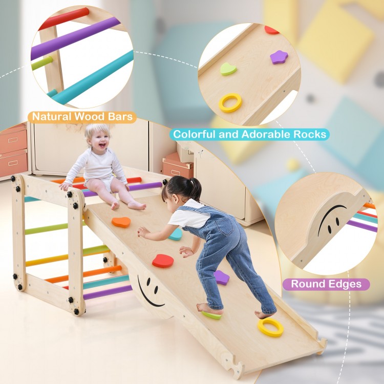Climbing triangle ladder toy with colorful rocks and natural wood bars, ideal for indoor play and muscle training.